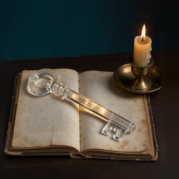 A glass key lying across the pages of an old book beside a lit candle.