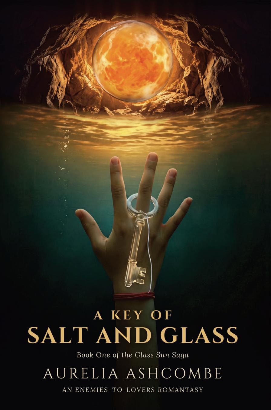 The cover of A Key of Salt and Glass: a glass key glowing beneath gold water.